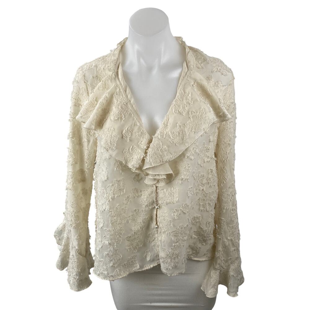 Zara Cream Beige Distressed Fringe Long Sleeve Ruffle Shirt Blouse Top Size S